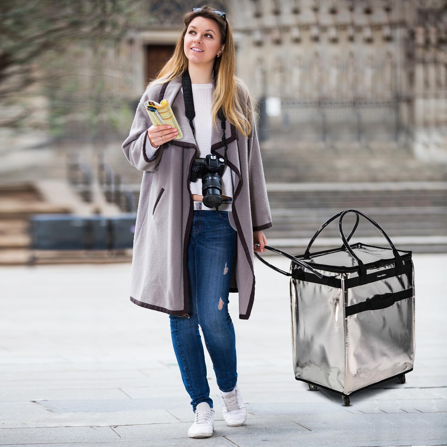 Grocery Bag On Wheels Large Capacity Shopping Trolley Foldable Rolling Tote Bag with Heavy Duty Handle for Travel