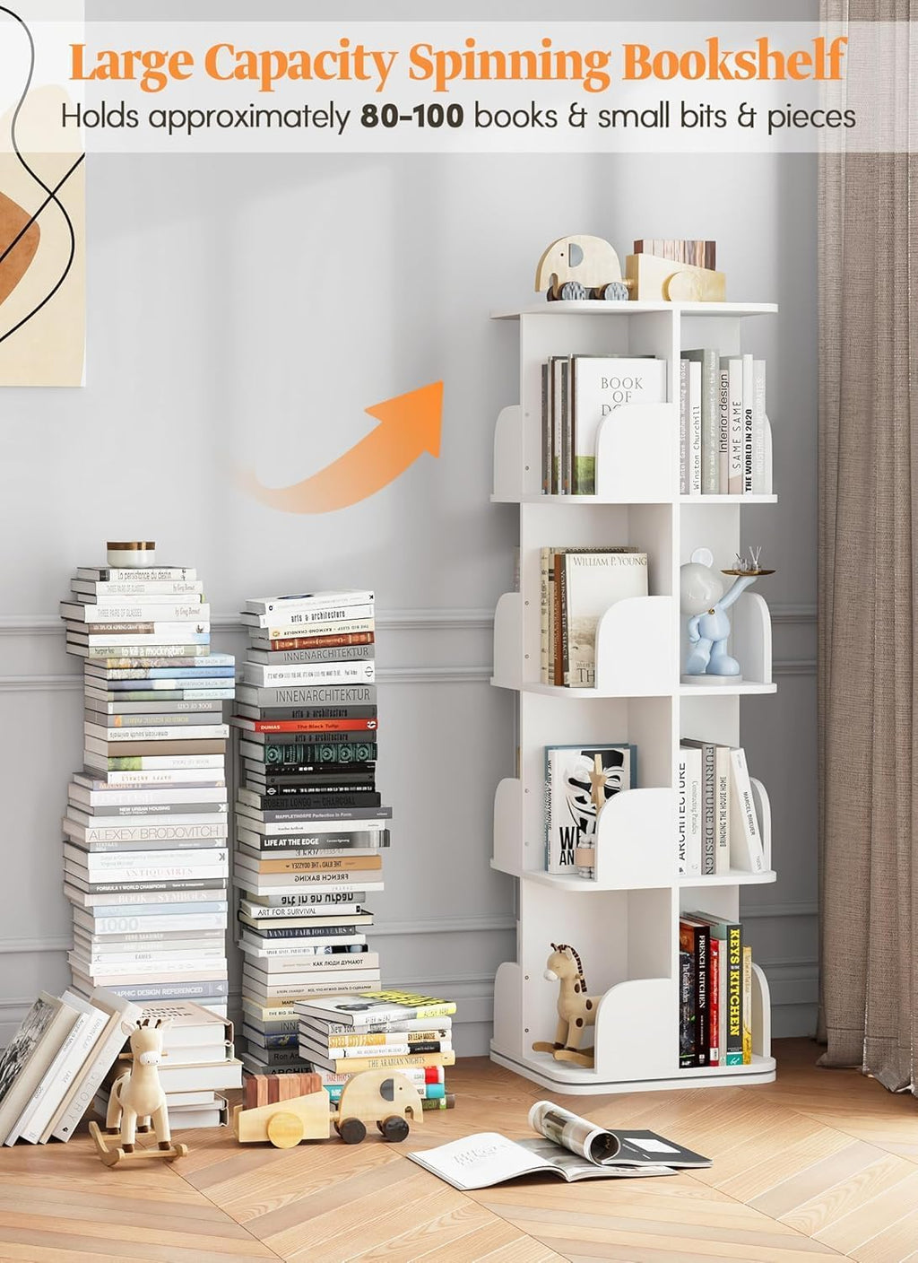 Rotating Bookshelf Tower, 4 Tier Small Spinning Corner Bookshelf for Small Spaces