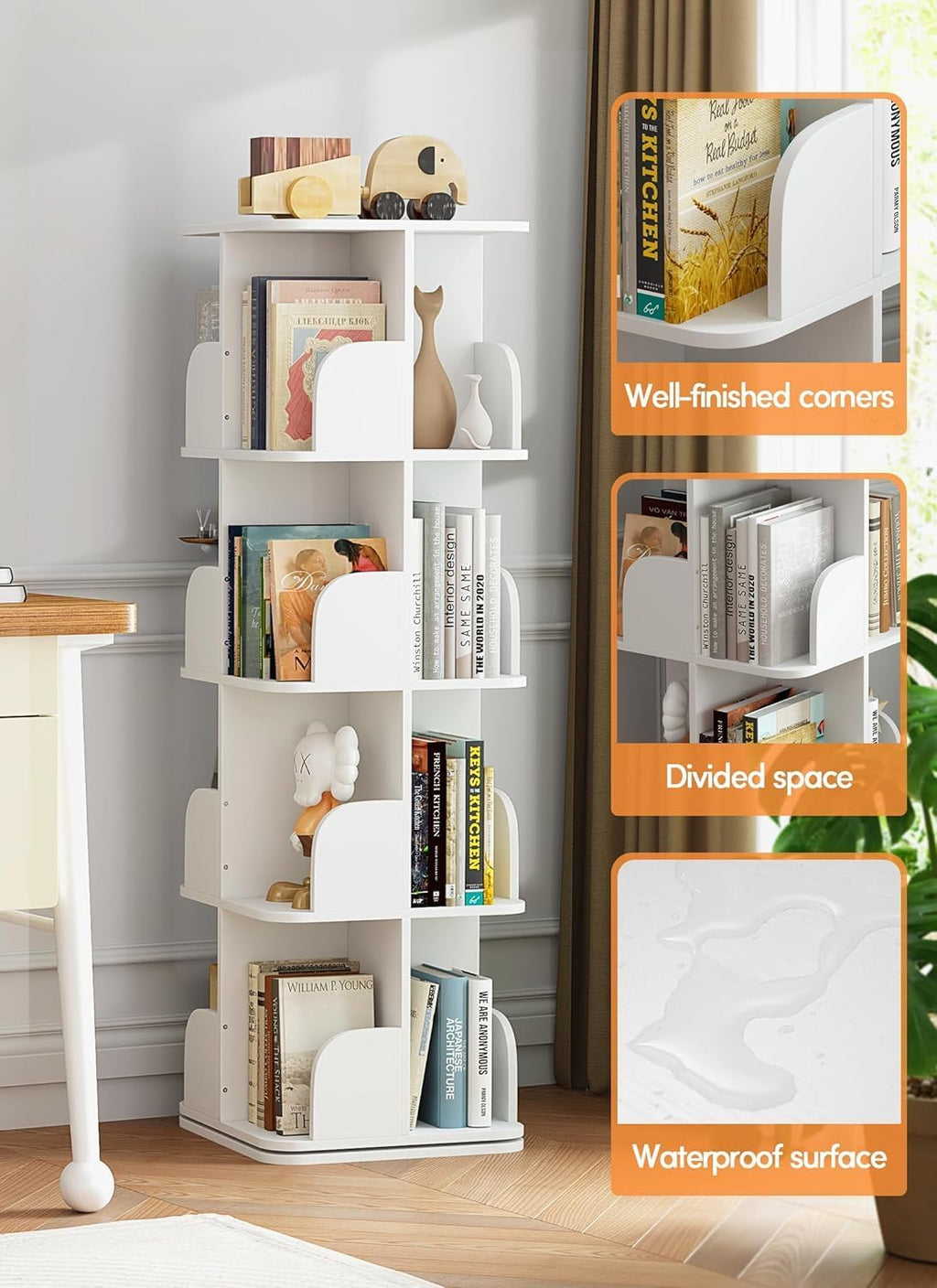 Rotating Bookshelf Tower, 4 Tier Small Spinning Corner Bookshelf for Small Spaces