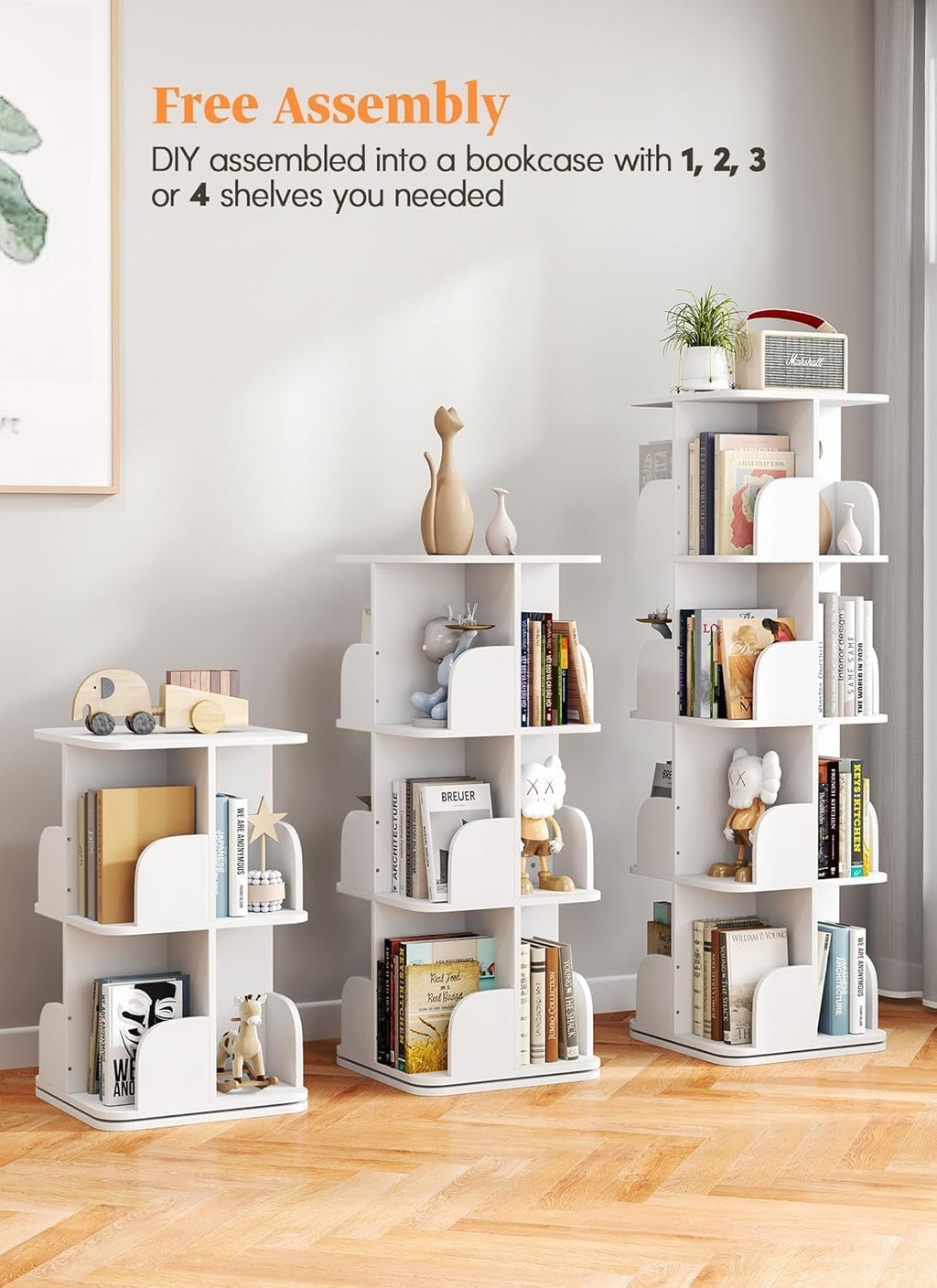 Rotating Bookshelf Tower, 4 Tier Small Spinning Corner Bookshelf for Small Spaces