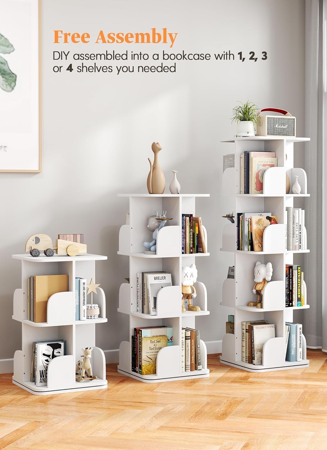 Rotating Bookshelf Tower, 4 Tier Small Spinning Corner Bookshelf for Small Spaces