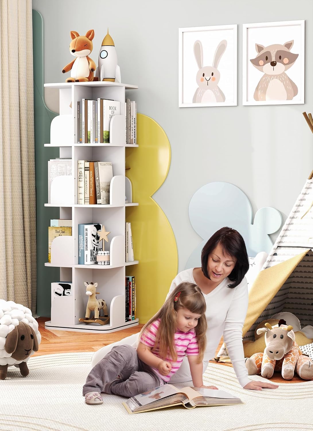Rotating Bookshelf Tower, 4 Tier Small Spinning Corner Bookshelf for Small Spaces