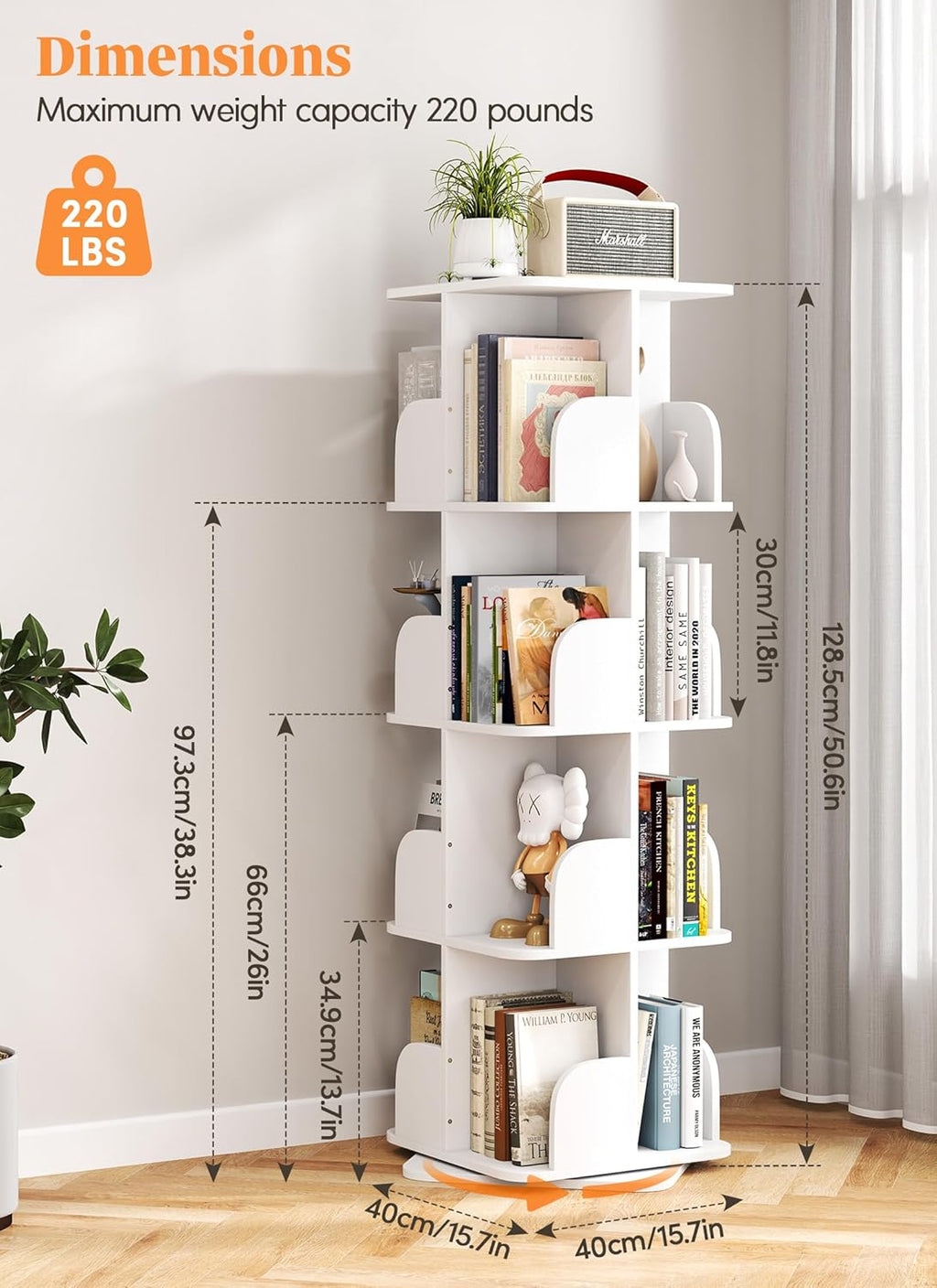 Rotating Bookshelf Tower, 4 Tier Small Spinning Corner Bookshelf for Small Spaces