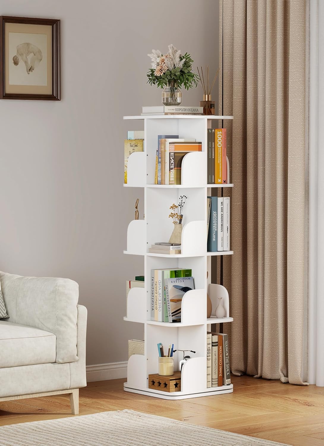 Rotating Bookshelf Tower, 4 Tier Small Spinning Corner Bookshelf for Small Spaces
