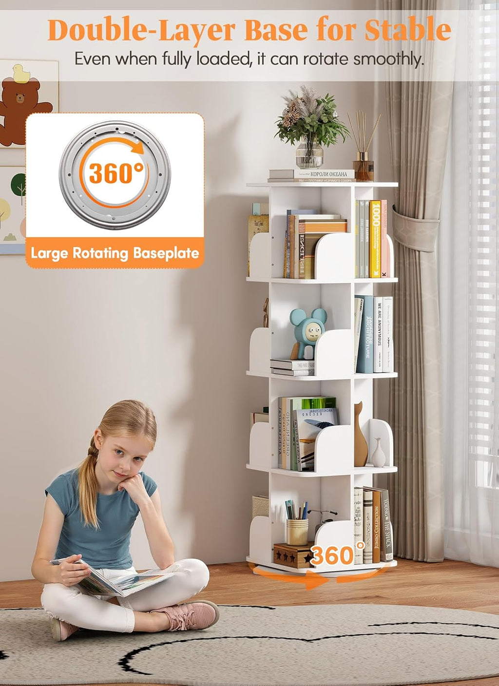 Rotating Bookshelf Tower, 4 Tier Small Spinning Corner Bookshelf for Small Spaces